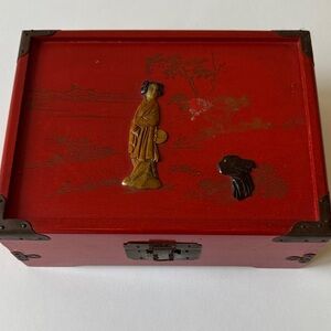 Vintage Red Decorative Jewelry Box with Hand Carved Lady & Metal Accents